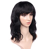 Wignee Womens Natural Black 12 Inch Wavy Human Hair Wig With Bangs