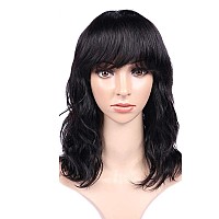 Wignee Womens Natural Black 12 Inch Wavy Human Hair Wig With Bangs