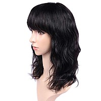 Wignee Womens Natural Black 12 Inch Wavy Human Hair Wig With Bangs