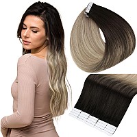 Full Shine Tape in Remy Hair Extensions 50 gram Skin Weft Tape in Hair Extensions 16 Inch Darkest Brown Fading to Ash Blonde and Platinum Blonde Double Sided Tape in Extensions 20Pcs