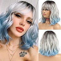 Noble Blue Wig With Bangs Short Bob Curly Wigs For White Women Colorful Wavy Bob Wigs With Air Bangs Heat Resistant Synthetic Si