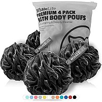 Shower Puff 4 Pack Black Bath Sponge Shower Loofahs Pouf Ball Nature Bamboo Charcoal Mesh Bulk Puffs Large, Shower Essential Skin Care by WhaleLife