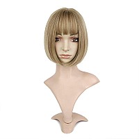 Queentas Short Blonde Bob Wig With Air Bangs Chin Length Short Bob Wig Heat Resistant Synthetic For Women With Wig Cap (Hazelnut Color#73)