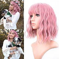 VCKOVCKO Pastel Wavy Wig With Air Bangs Women's Short Bob Purple Pink Curly Shoulder Length Bob Synthetic Daily Use Colorful Cosplay Wig for Girls (12