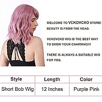 VCKOVCKO Pastel Wavy Wig With Air Bangs Women's Short Bob Purple Pink Curly Shoulder Length Bob Synthetic Daily Use Colorful Cosplay Wig for Girls (12