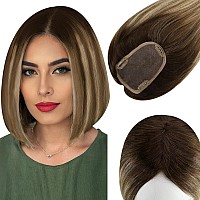 Full Shine Hair Topper Silk Base Crown 3 5Inch Toupee Replacement Real Human Hair Wiglet Brown Fading To Blonde Highlight Top