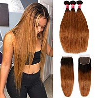 Haha Ombre Brazilian Straight Hair Bundles With Closure 10A Ombre Human Hair Bundles With Closure 2 Tone T1B30 Black To Brown A