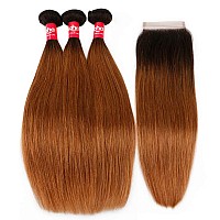 Haha Ombre Brazilian Straight Hair Bundles With Closure 10A Ombre Human Hair Bundles With Closure 2 Tone T1B30 Black To Brown A