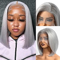 Grey Short Bob Wigs Human Hairglueless 13X4 Hd Lace Frontal Bob Wigs With Baby Hair 14 150 Density Colored Grey Straight Lace