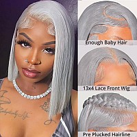 Grey Short Bob Wigs Human Hairglueless 13X4 Hd Lace Frontal Bob Wigs With Baby Hair 14 150 Density Colored Grey Straight Lace