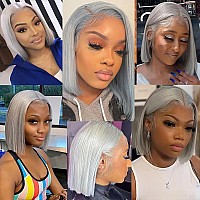 Grey Short Bob Wigs Human Hairglueless 13X4 Hd Lace Frontal Bob Wigs With Baby Hair 14 150 Density Colored Grey Straight Lace