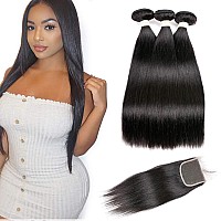 Beauhair Straight Hair Bundles With Closure12 14 1612 Closure100 Brazilian Straight Virgin Hair 3 Bundles With Lace Closure