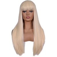 Morvally Womens 26 Inches Long Straight Blonde Synthetic Resistant Hair Wigs With Bangs Natural Looking Wig For Women Halloween