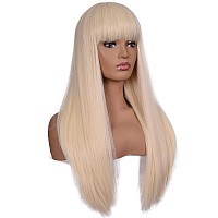 Morvally Womens 26 Inches Long Straight Blonde Synthetic Resistant Hair Wigs With Bangs Natural Looking Wig For Women Halloween