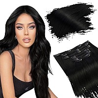 Ugeat Clip In Hair Extensions Human Hair Jet Black Natural Clip In Real Human Hair Extensions For Black Women Silky Straight Thi