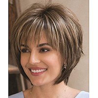 Sevencolors Short Hair Wigs With Bangs Dark Brown Mixed Blonde Pixie Cut Wig For Women Straight Synthetic Fiber Wigs