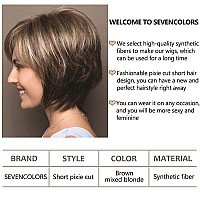 Sevencolors Short Hair Wigs With Bangs Dark Brown Mixed Blonde Pixie Cut Wig For Women Straight Synthetic Fiber Wigs