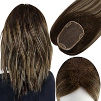 Full Shine Human Hair Topper Hairpiece Extension Silk Base Toupee 3 5Inch Hair Topper Blonde Brown Balayage With Blonde Clip I