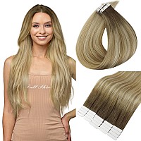 Full Shine Tape In Hair Extensions 16 Inch Tape In Human Hair Extensions Brown Root 6 Fading To 27 And 60 Platinum Blonde Highli