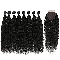 Dbut Synthetic Hair Bundles With Simple Closure Weave Bundles With Frontal Swiss Lace 9Pcs Water Wave 20 Inch 240G High Temper