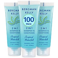 BERGMAN KELLY Travel Size Shampoo & Conditioner 2 in 1 (1 Fl Oz, 100 PK, Tropical Waterfall), Delight Your Guests with Invigorating and Refreshing Shampoo Amenities, Small Hotel Toiletries in Bulk