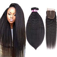 Odir Kinky Straight Bundles With Closure Brazilian Human Hair 12 14 1610 Inch Unprocessed 9A Yaki Straight Hair 3 Bundles With