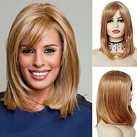 Gnimegil Strawberry Blonde Wig Halloween Costume Wig With Bangs Medium Length Mom Bob Wigs For Women Celebrity Natural Straight