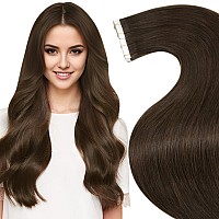 Laavoo Tape Hair Extensions Real Human Hair 24 Inch 40Pcs 100G Brown Hair Extensions Tape In 4 Dark Brown Tape In Hair Extensio