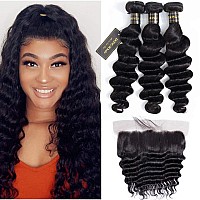 Peruvian Loose Deep Wave Frontal With Bundles 13X4 Lace Frontal Closure With Baby Hair Free Part 18 20 2216Natural Black 9A