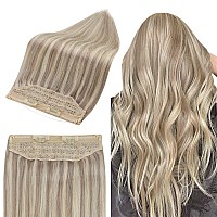 Full Shine Fish Wire Hair Extensions Blonde Highlights Invisible Wire Human Hair 90 Grams Ash Blonde Mix Bleach Blonde Remy Hair 2 Clips in Extensions Removable One Piece Headband 20 Inch