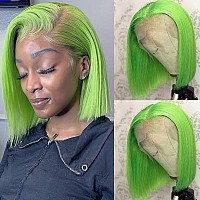 Lime Green Human Hair Wig 134 Lace Front Wigs Pre Plucked With Baby Hair 10180 Density For Women Glueles Straight Short Bob