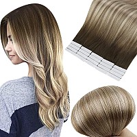 Full Shine Tape in Hair Extensions 20 Inch Human Hair Tape Hair Extensions Balayage Color 3 Dark Brown Fading to 8 and 22 Blonde Highlighted Glue in Hair Extensions 50 Grams 20Pcs