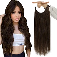 Fshine Human Hair Wire Hair Extensions Dark Brown 14 Inch Straight Brunette Invisible Wire Hair Extensions With Transparent Fish