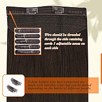 Fshine Human Hair Wire Hair Extensions Dark Brown 14 Inch Straight Brunette Invisible Wire Hair Extensions With Transparent Fish