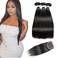 Beauhair Brazilian Virgin Human Hair 3 Bundles With 4X 4 Lace Free Part Closure Straight Wave Weft 100 Real Human Hair Extens