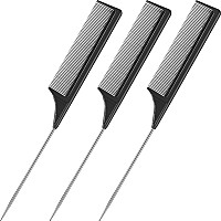 3 Packs Rat Tail Comb Steel Pin Rat Tail Carbon Fiber Heat Resistant Teasing Combs With Stainless Steel Pintail Black