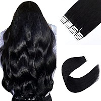 Sixstarhair Jet Black Tape In Hair Extensions Human Hair 20 Pieces Natural Black Hair Extensions Made of 100 Remy Human Hair and Double Side Tape [Color 1 Jet Black 16inch]