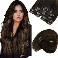 Sunny Clip in Hair Extensions Human Hair Brown Balayage Clip on Extensions Human Hair Dark Brown Ombre Medium Brown Balayage Clip in Real Hair Extensions Double Weft 7pcs 120g 22inch