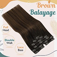 Sunny Clip in Hair Extensions Human Hair Brown Balayage Clip on Extensions Human Hair Dark Brown Ombre Medium Brown Balayage Clip in Real Hair Extensions Double Weft 7pcs 120g 22inch