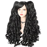 Anogol Haircap Black Cosplay Wig With Clipon Ponytails Long Curly Wigs With Bangs For Halloween Costume Party For Girls Women