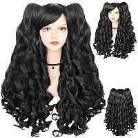 Anogol Haircap Black Cosplay Wig With Clipon Ponytails Long Curly Wigs With Bangs For Halloween Costume Party For Girls Women