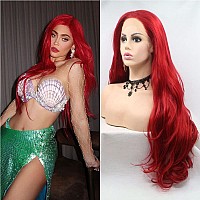 Xiweiya Wigs Mermaids Long Red Hair Side Part Synthetic Lace Front Wigs With Heat Resistant Fiber Red Color Soft Nature Wave Wi