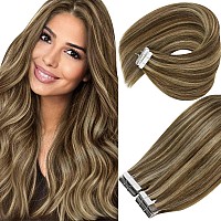 Vesunny Seamless Tape In Hair Extensions Brown Highlighted Tape Ins Human Hair Extensions Dark Brown With Caramel Blonde Highlig