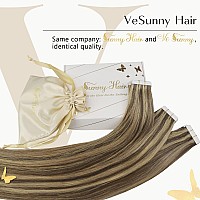 Vesunny Seamless Tape In Hair Extensions Brown Highlighted Tape Ins Human Hair Extensions Dark Brown With Caramel Blonde Highlig