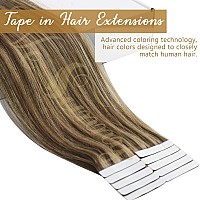 Vesunny Seamless Tape In Hair Extensions Brown Highlighted Tape Ins Human Hair Extensions Dark Brown With Caramel Blonde Highlig