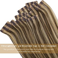 Vesunny Seamless Tape In Hair Extensions Brown Highlighted Tape Ins Human Hair Extensions Dark Brown With Caramel Blonde Highlig