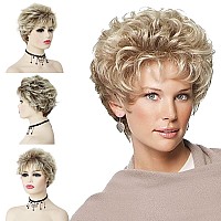 GNIMEGIL Old Lady Wig Blonde Hair Short Curly Wigs Natural Mommy Wig with Bangs for Women Heat Resistant Synthetic Cosplay Wig Halloween Costume for Women