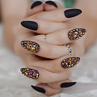 Coolnail 3D Press On Nails Rose Black Bling Gems Matte Stiletto Fake False Nails Almond Frosted Oval Short Pointed Full Cover Fa