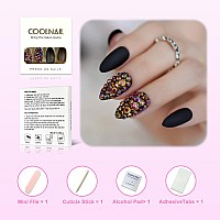 Coolnail 3D Press On Nails Rose Black Bling Gems Matte Stiletto Fake False Nails Almond Frosted Oval Short Pointed Full Cover Fa