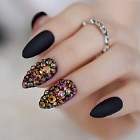 Coolnail 3D Press On Nails Rose Black Bling Gems Matte Stiletto Fake False Nails Almond Frosted Oval Short Pointed Full Cover Fa